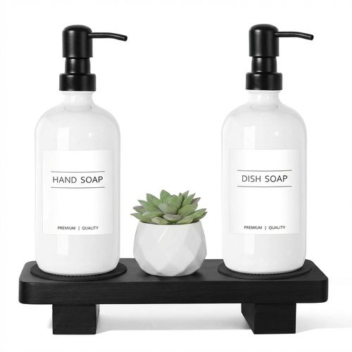 White Soap Dispenser Set with Wood Riser Tray