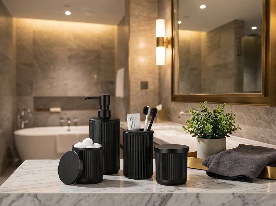 Kasunting matte black bathroom accessories on marble vanity