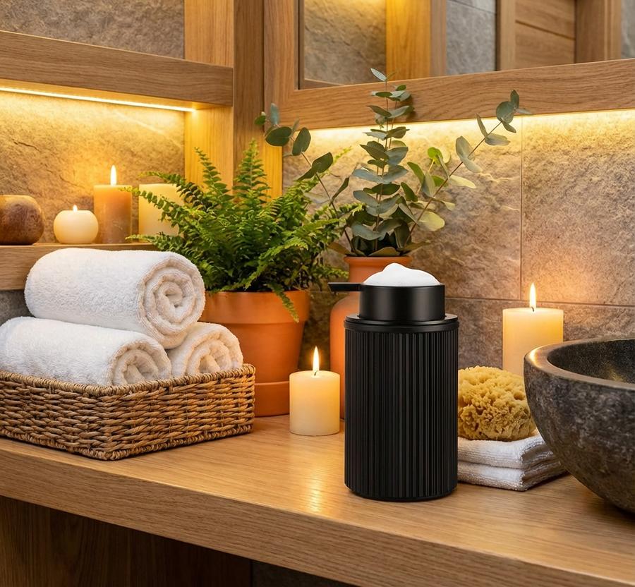 Black foaming soap dispenser in spa bathroom with plants