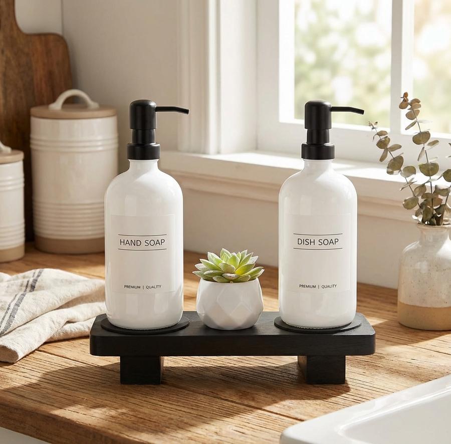 White soap dispenser set with wood tray on kitchen counter