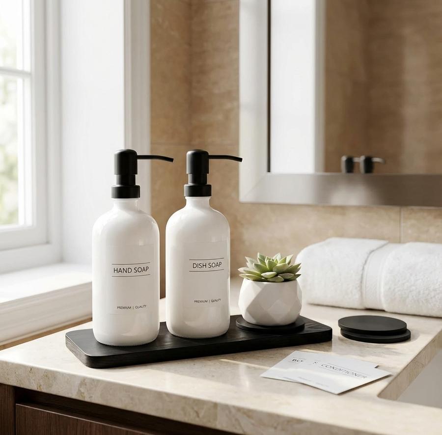 Elegant white soap dispensers on bathroom countertop with flowers